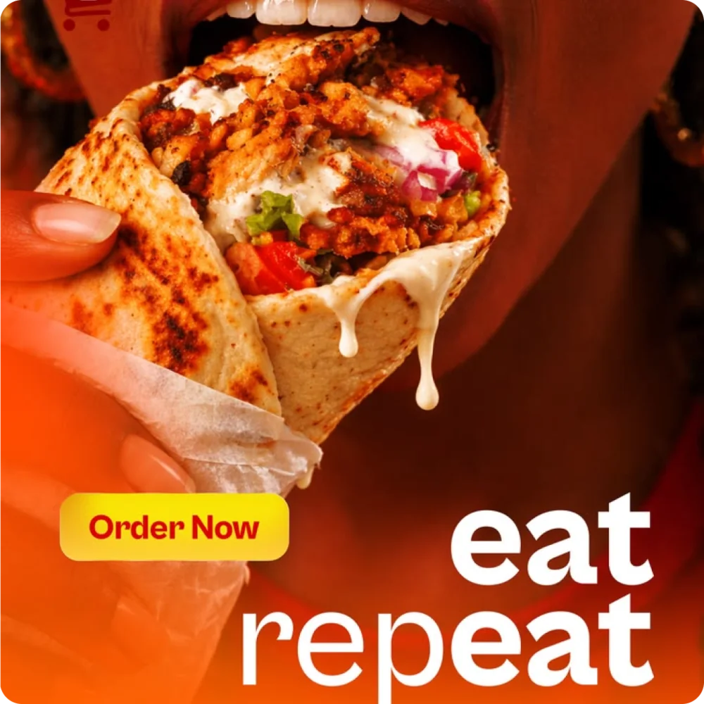 A food campaign featuring a wrap and an Order Now button