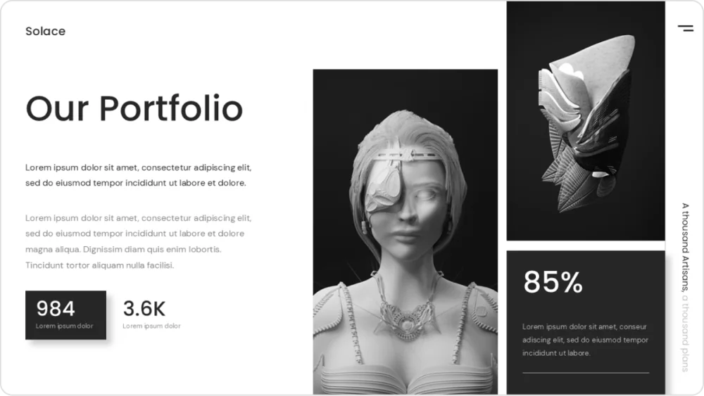 A monochrome portfolio layout with sculptural product imagery